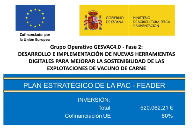 Cofinanciado por la Unión Europea. Gobierno de España, Ministerio de Agricultura, Pesca y Alimentación. Grupo Operativo GESVAC 4.0 – Fase 2. Plan Estratégico de la PAC – FEADER. Inversión total: 520.062,21 €; cofinanciación UE: 80 %.